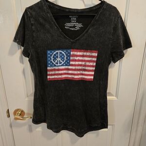 Mighty Fine Charcoal Tee with Peace and Flag Design